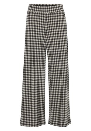 Wide-leg trousers in a black and beige check pattern, featuring an elastic waistband and a soft fabric texture.