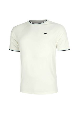 Weißes T-Shirt mit kurzen Ärmeln und Rundhalsausschnitt, mit schwarzem und hellblauem Besatz an Ärmeln und Kragen, mit kleinem schwarzem Logo auf der Brust.