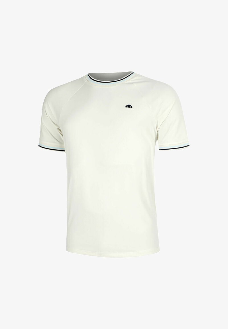 T-shirt blanc à manches courtes et encolure ras du cou, avec des bordures noires et bleu clair sur les manches et le col, arborant un petit logo noir sur la poitrine.