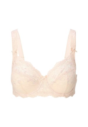 Dunne kanten bh in lichtroze, met bloemenpatronen, gevoerde cups, brede banden, kanten rand en een centrale strikaccent. Zachte textuur.