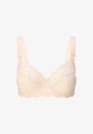 Blonde BH i lys pink med blomsterprint, polstrede kopper, brede stropper, blonderand og en central sløjfeaccent. Blød tekstur.