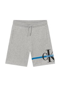 Šedé bavlněné šortky s elastickým pasem, šňůrkou, bočními kapsami a modrým pruhem s logem "CALVIN KLEIN JEANS."