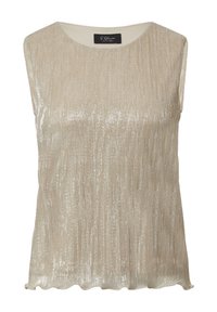Beige mouwloze top met een glanzende gestructureerde oppervlakte, voorzien van verticale lijnen en een gegolfde zoom. Etiket zegt "S. Oliver Black Label."