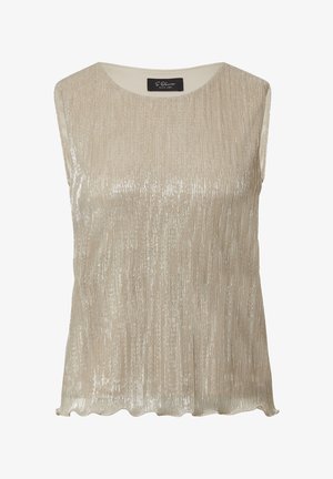 Top sans manches beige avec une surface texturée scintillante, présentant des lignes verticales et un ourlet festonné. L'étiquette indique "S. Oliver Black Label."