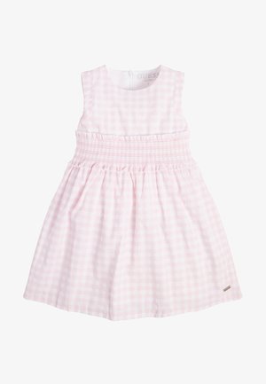 Rosa Ginghamkleid mit geraffter Taille, ärmellosem Design und einem verdeckten Rückennahtreißverschluss. Enthält ein kleines Marken-Detail am Saum.