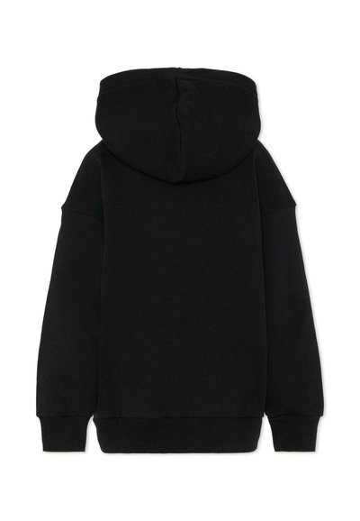 Czarna bluza z kapturem o długich rękawach, miękka w dotyku, z prążkowanymi mankietami i dołem, wyposażona w obszerny kaptur i minimalistyczny design.