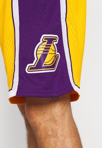 Pantaloni da basket viola e gialli con texture in rete, dotati di bordi bianchi e un logo dei Lakers sul lato sinistro in basso.