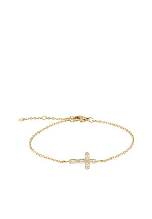 Delicate gold chain bracelet with a small cross centerpiece made of four marquise-cut clear gemstones and a lobster clasp.