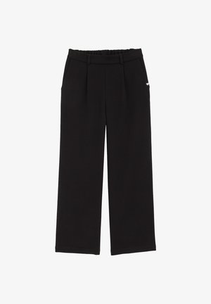 Fekete, bő szárú nadrág puha anyagból, rugalmas derékkal, elöl redőkkel és oldalsó zsebekkel. Diszkrét szívmotívum a zseben.