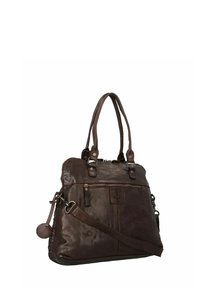 Sac cabas en cuir marron avec deux poignées supérieures, une bandoulière réglable, une poche zippée à l'avant et un logo ancre embossé. Texture lisse, forme structurée.