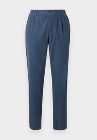 Pantalons en velours côtelé bleu marine avec taille élastique, fermeture à bouton, deux poches latérales et coupe droite.