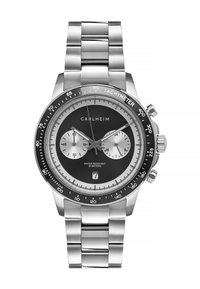 Reloj cronógrafo de acero inoxidable con un dial negro, subdiales plateados, bisel tachimétrico y display de fecha a las 6 en punto. Resistente al agua hasta 50 metros.