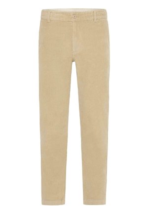 Pantaloni in corduroy beige con una texture liscia, vestibilità dritta, chiusura con bottone e passanti per la cintura. Presentano un design classico e righe verticali.