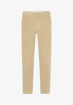 Beige kordbársony nadrág sima textúrával, egyenes szabással, gombos zárással és övhurkokkal. Klasszikus dizájnnal és függőleges bordákkal rendelkezik.