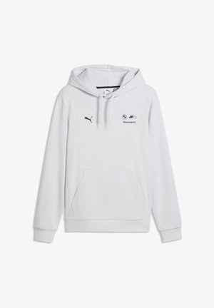 White hooded sweatshirt with a front pocket, black Puma logo and BMW Motorsport text. Soft material, relaxed fit, adjustable drawstring hood.