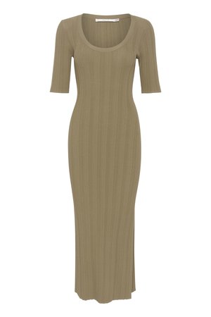 Vestido maxi verde-oliva, com nervuras, decote redondo e mangas curtas. Design justo, textura suave que se estende até a metade da panturrilha.