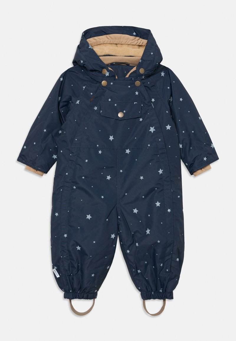 Μπλε ναυτικής μωρουδιακή φόρμα χιονιού με κουκούλα, μπεζ φόδρα, σχέδιο αστεριών, μπροστινή τσέπη με κουμπιά από πίεση και ελαστικούς καρπούς με ιμάντες ποδιών.