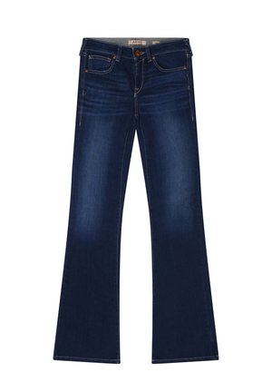 Donkerblauwe wijde jeans van denim, met vijf zakken, een voorkant met knoopsluiting en subtiele stikselaccenten langs de naden.