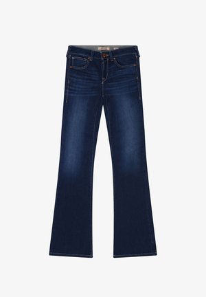 Jeans a zampa di elefante blu scuro in denim, con cinque tasche, chiusura frontale con bottoni e sottili dettagli di cucitura lungo le cuciture.