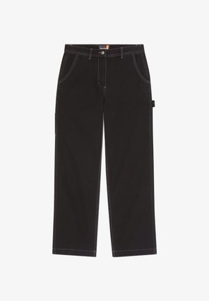 Černé kalhoty z odolné látky, s kontrastním šitím, dvěma předními kapsami, jednou boční kapsou a zapínáním na knoflíky.