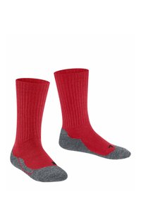 Czerwone skarpetki ribbed z szarym wzmocnionym podbiciem, z wzmocnionym palcem i wsparciem dla łuku stopy. Wzorzysta tekstura zwiększa przyczepność i komfort.