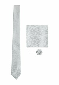 Grijze strik met bloemenpatroon, pochette en reversspeld. Soepele textuur, elegante ontwerp en uniforme kleur over alle accessoires.