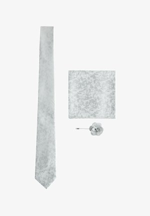 Grau gemusterte Krawatte, Einstecktuch und Reversblume. Glatte Textur, elegantes Design und einheitliche Farbe bei allen Accessoires.