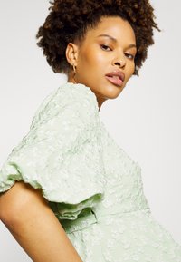 Vestido verde claro com bordado floral texturizado, mangas bufantes e cintura ajustada. Tecido suave com um brilho sutil e padrão delicado.