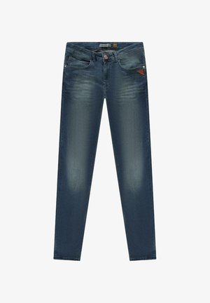 Donkerblauwe denim jeans met een slim fit, met subtiele vervaging en een bruine leren driehoekpatch op de voorke pocket. Eén knoopsluiting.