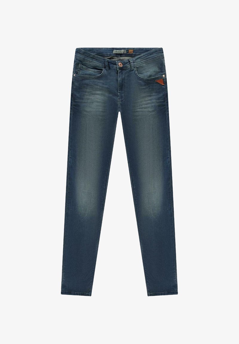 Donkerblauwe denim jeans met een slim fit, met subtiele vervaging en een bruine leren driehoekpatch op de voorke pocket. Eén knoopsluiting.