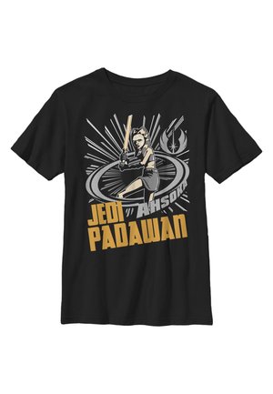 Sort bomulds T-shirt med grafik af en karakter, der svinger et lyssværd, med teksten "JEDI PADAWAN" i guld og et stjerneskud-design.
