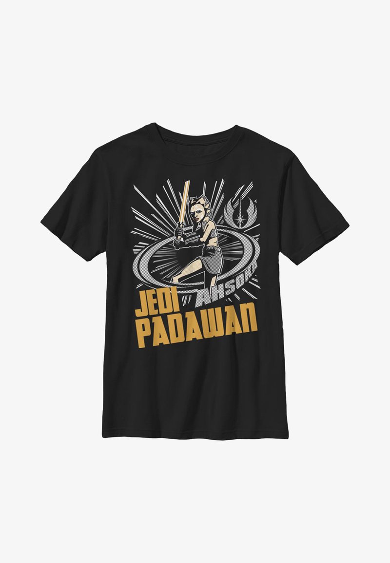 Sort bomulds T-shirt med grafik af en karakter, der svinger et lyssværd, med teksten "JEDI PADAWAN" i guld og et stjerneskud-design.