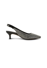 Schwarze Slingback-Pumps mit spitzem Schuhkopf, bedeckt mit silbernen Nieten. Verfügt über einen niedrigen, kegelförmigen Absatz und ein weiches, strukturiertes Obermaterial.