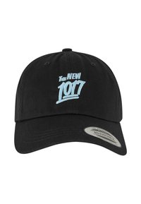 Cappellino da baseball nero in cotone con cinturino regolabile. Presenta un ricamo blu con la scritta "The NEW 1077" sulla parte anteriore.