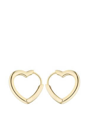 Pair of smooth gold heart-shaped hoop earrings with a simple clasp closure on a white background.
