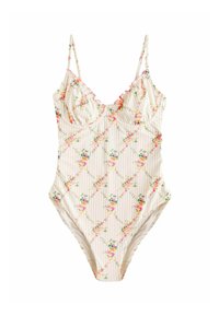 Eén stuk badpak in off-white met een bloemmotief en verticale strepen. Heeft dunne verstelbare bandjes en gerimpelde randen aan de halslijn.