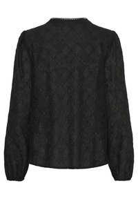 Blusa nera con maniche lunghe a sbuffo, motivo in pizzo floreale testurizzato, scollatura rotonda con bordo ondulato e polsini elasticizzati.