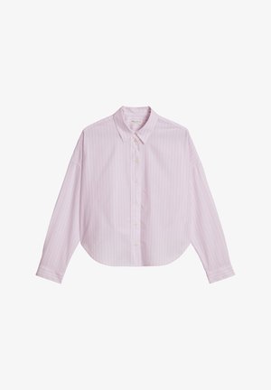 Light pink, long-sleeve button-up shirt with white vertical stripes, a classic collar, and a curved hem; features standard button closure.