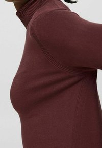 Maglia bordeaux a maniche lunghe con collo alto, caratterizzata da una texture a coste e cuciture visibili sui lati e sulle spalle.