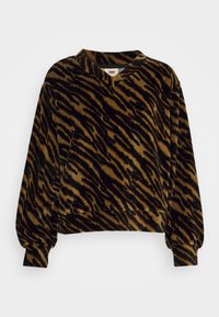 Sweat-shirt marron et noir à rayures tigre, manches longues, col rond avec une encolure en V, poignets et ourlet côtelés.