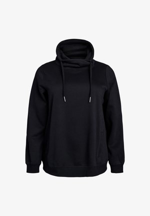 Musta huppari, jossa on korkea kaulus ja kiristysnarut, valmistettu pehmeästä kankaasta. Ominaisuuksiin kuuluvat pitkät hihnat ja etutasku lisäämään toiminnallisuutta.