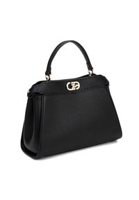 Borsa a mano in pelle nera con forma strutturata, due manici superiori, hardware dorato e un distintivo dettaglio della chiusura sul davanti.