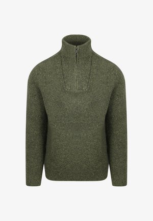 Green knitted sweater with a high collar and half-zip closure. Features textured fabric with subtle specks and ribbed cuffs and hem.