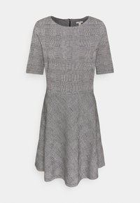 Graues Kleid mit kurzen Ärmeln, das ein kariertes Muster aufweist. Ausgestellter Rock, strukturierter Stoff und ein Reißverschluss hinten.