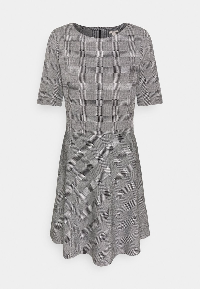 Graues Kleid mit kurzen Ärmeln, das ein kariertes Muster aufweist. Ausgestellter Rock, strukturierter Stoff und ein Reißverschluss hinten.
