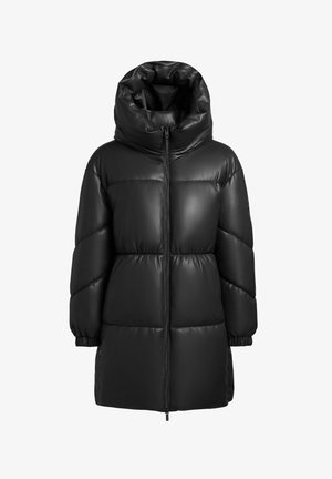Giacca invernale lunga nera imbottita con ampio cappuccio, cerniera frontale e polsini elastici sulle maniche.