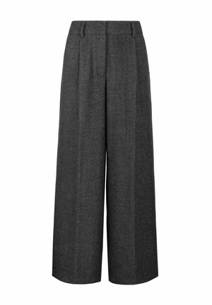 Pantaloni grigi a gamba larga in tessuto testurizzato con pieghe frontali, dotati di una vita progettata per una vestibilità comoda.
