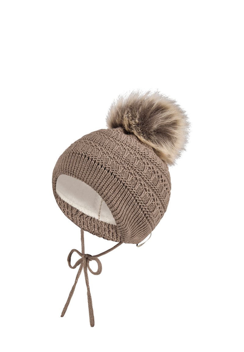 Knitted brown hat with a decorative pattern, a faux fur pom-pom on top, and chin ties for secure fit. Lined interior for warmth.