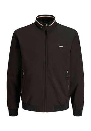 Jachetă neagră pentru bărbați, cu fermoar în față și guler înalt cu margine cu dungi, două buzunare laterale cu fermoar și manșete și tiv striate.