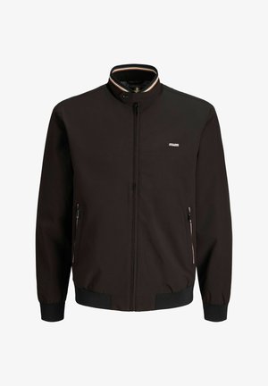 Herre-sort lynlåstrøje med høj krave med stribet kant, to lynlåslommer i siderne og ribstrikkede ærmer og kant.